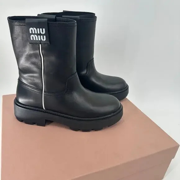 Miu Miu | Shoes | Miu Miu Donna Logo Patch Ankle Black Leather